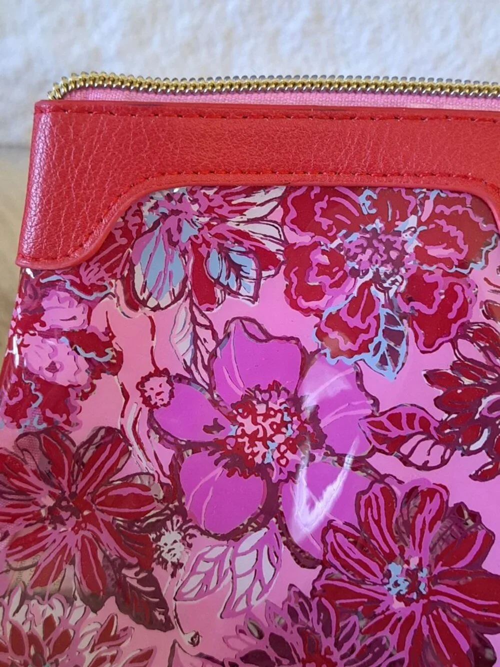 Lilly Pulitzer Printed Floral Makeup Bag Pouch Red Faux Leather Zipper Closure